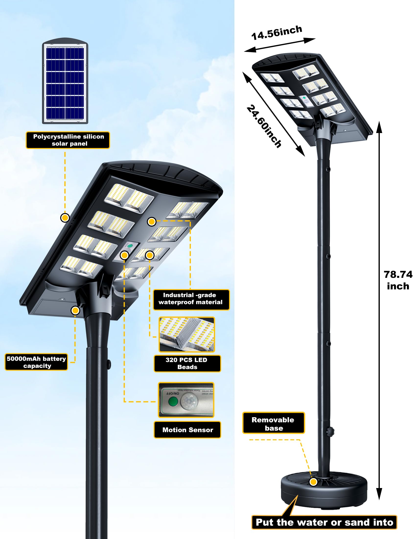 8000W vysoce výkonný IP68 vodotěsný venkovní 6,5 stopový sloup, 3000K/4000K/6500K solární podlahové lampy Solární bezpečnostní světla od soumraku do úsvitu